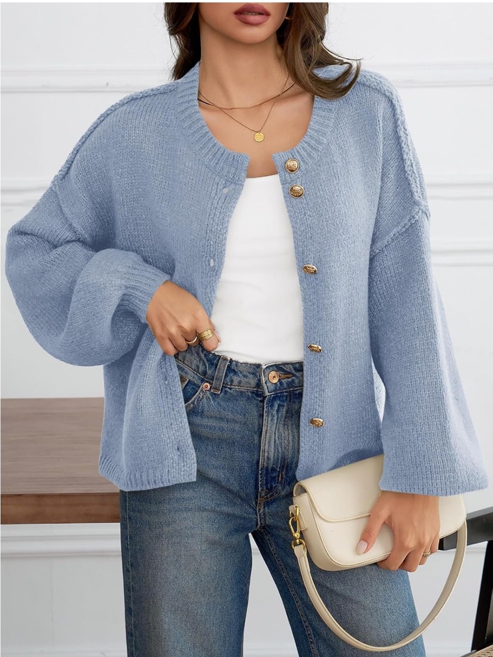 New Saodimallsu Oversized Cardigan Lantern Sleeve Button Down Blue $39.99 - Picture 3 of 8
